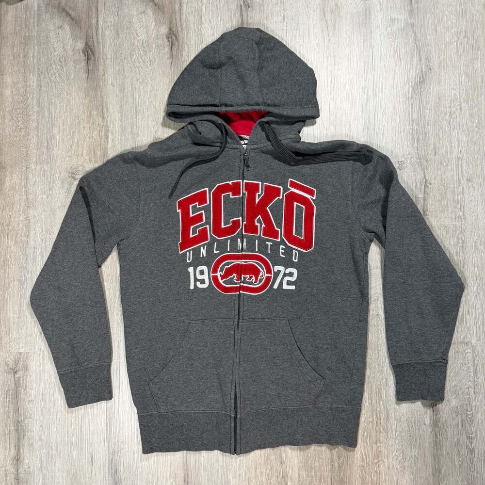Ecko Unltd. Mens Grey Full Zip Up Logo Hoodie Y2K